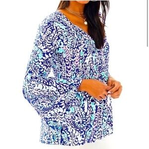 Lilly Pulitzer Navy, Aqua & White Printed V-Neck Blouse